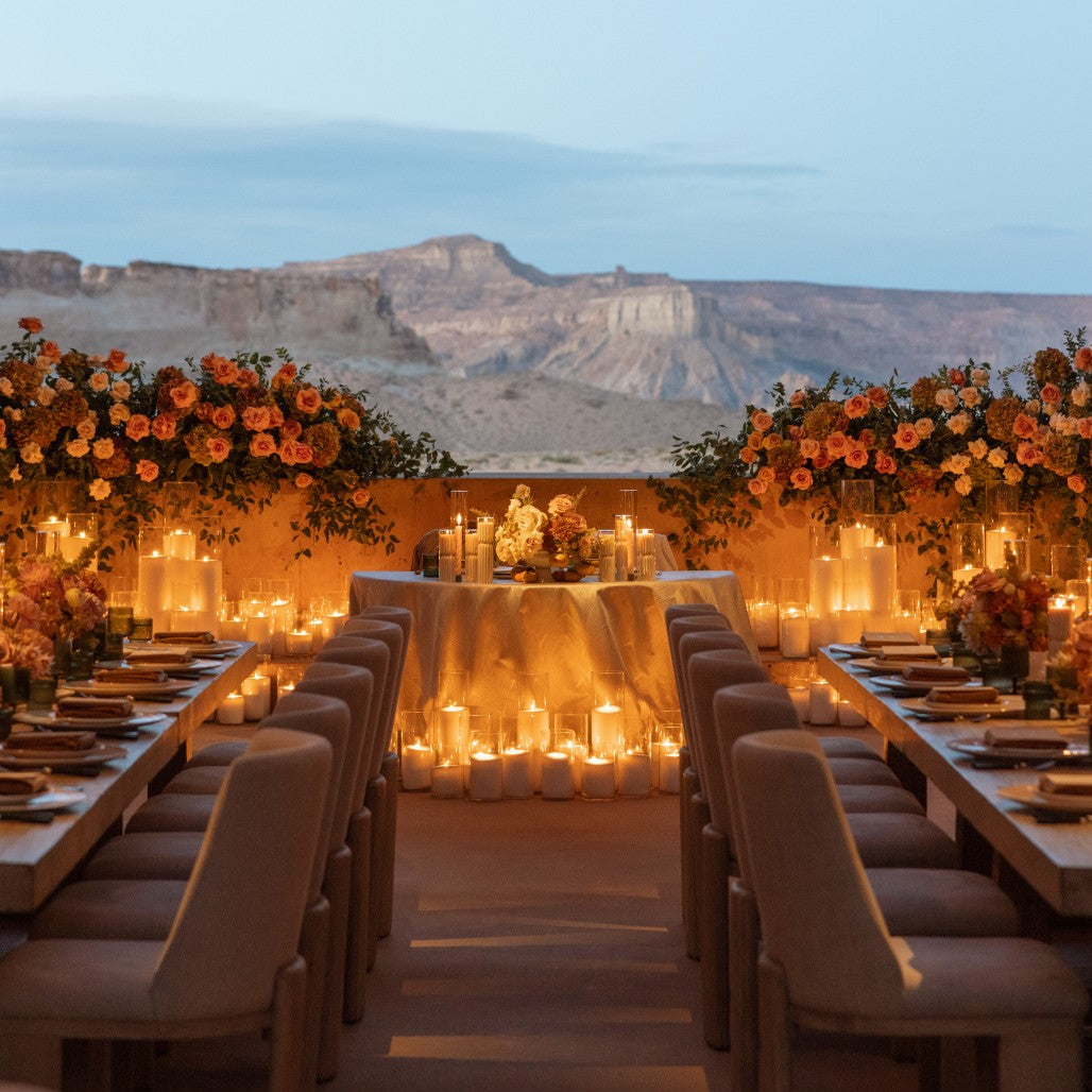 Sophisticated alfresco corporate dinner glowing with candlelight in Los Angeles